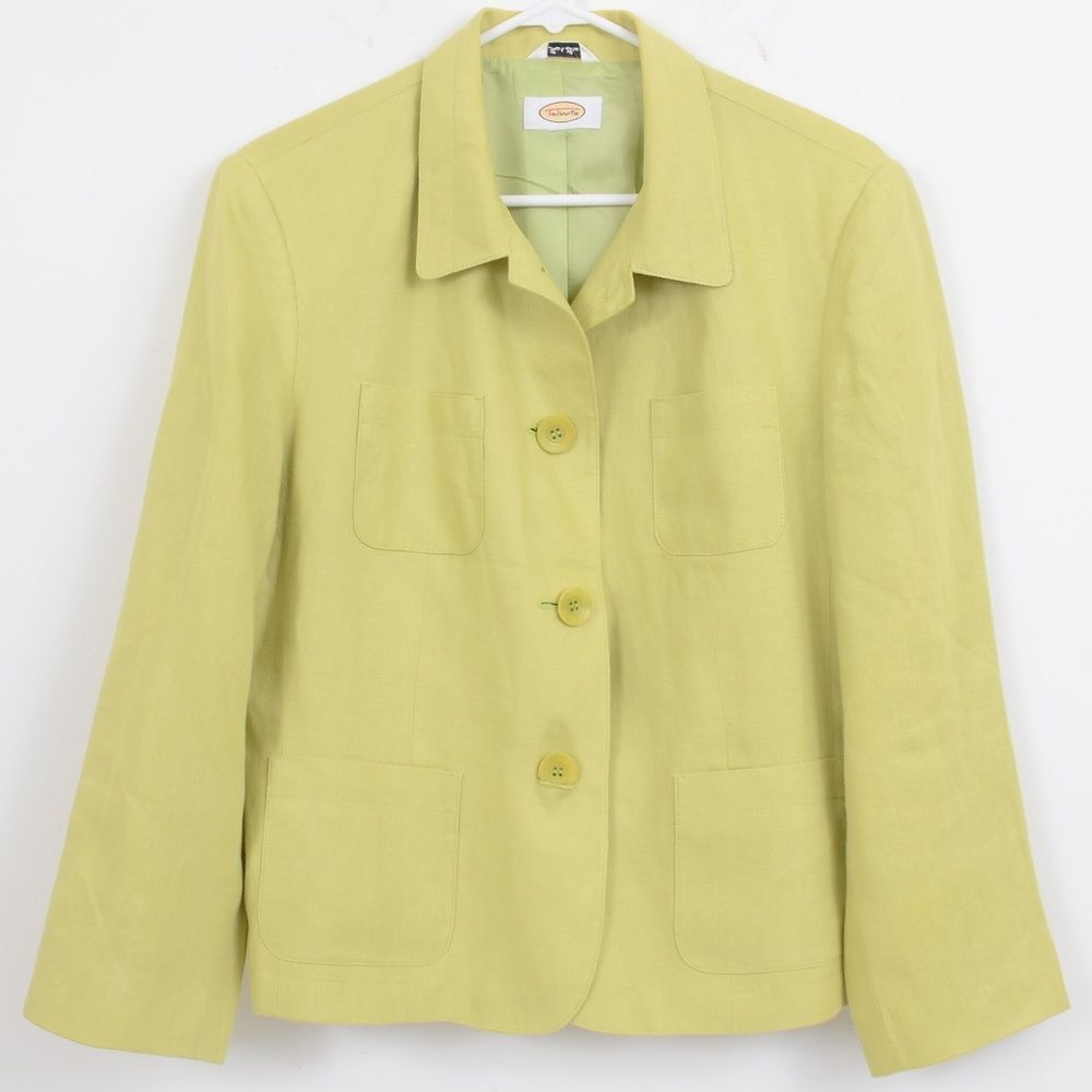 Talbots Irish 100% Linen Green Blazer Buttons Size 14/16 Jacket Career Resort